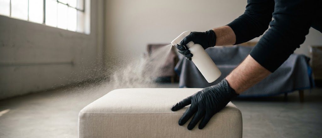 A gloved technician applying protectME to an upholstered ottoman