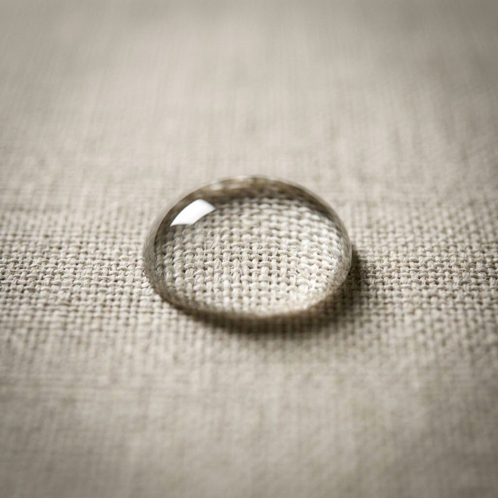 Close view of woven upholstery fabric with a droplet of liquid resting on the surface