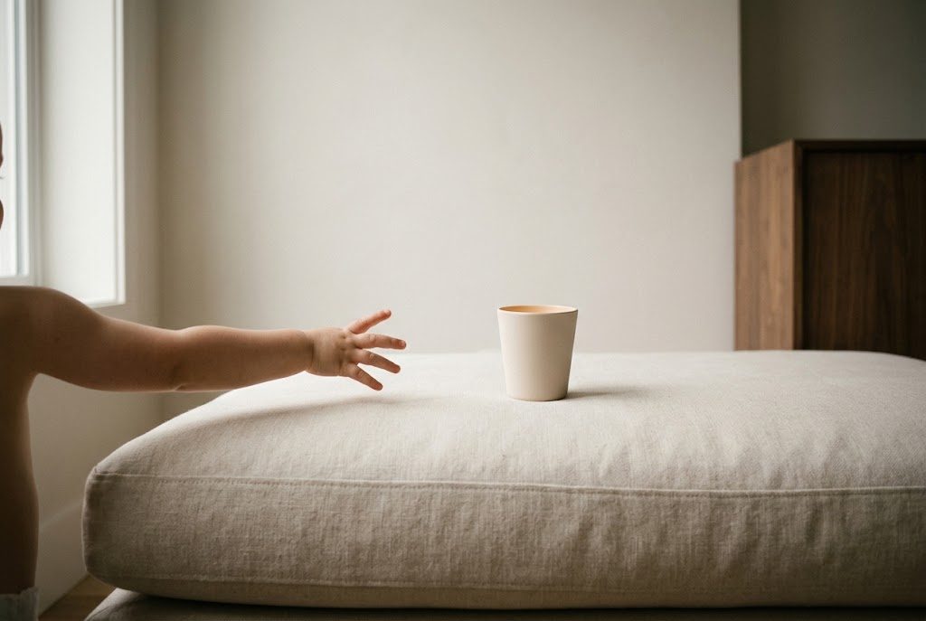 A child reaching toward a cup resting on the arm of a sofa