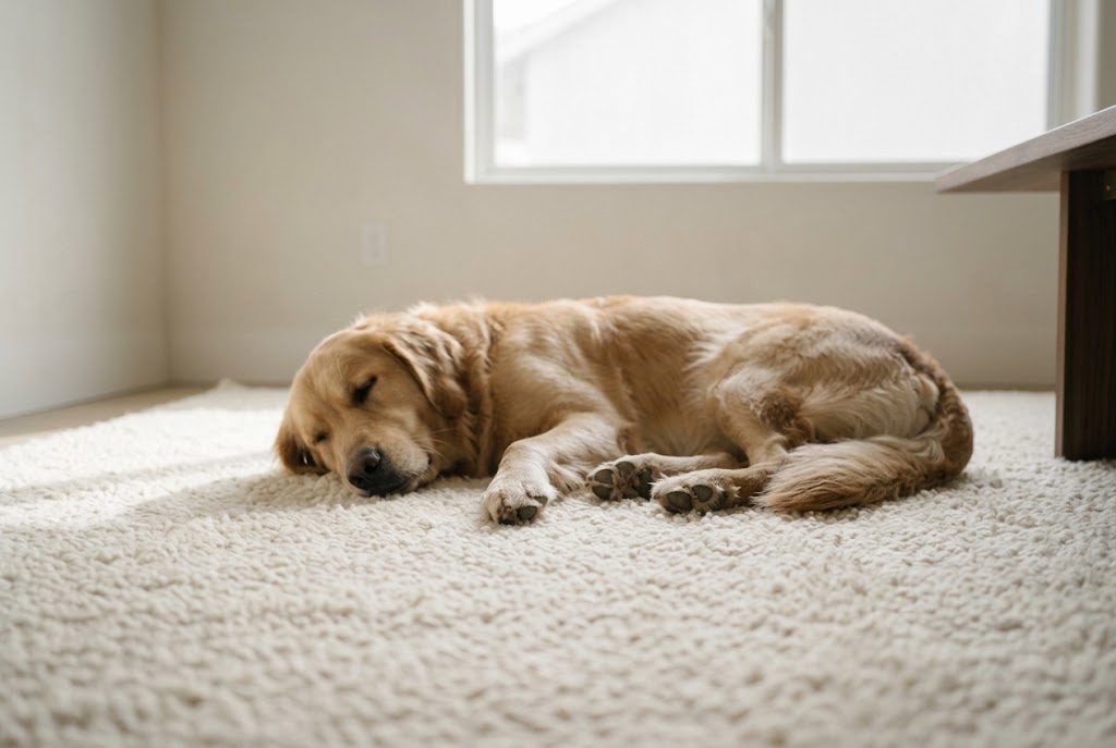 A dog lying on a pale wall-to-wall carpet in a sunlit room
