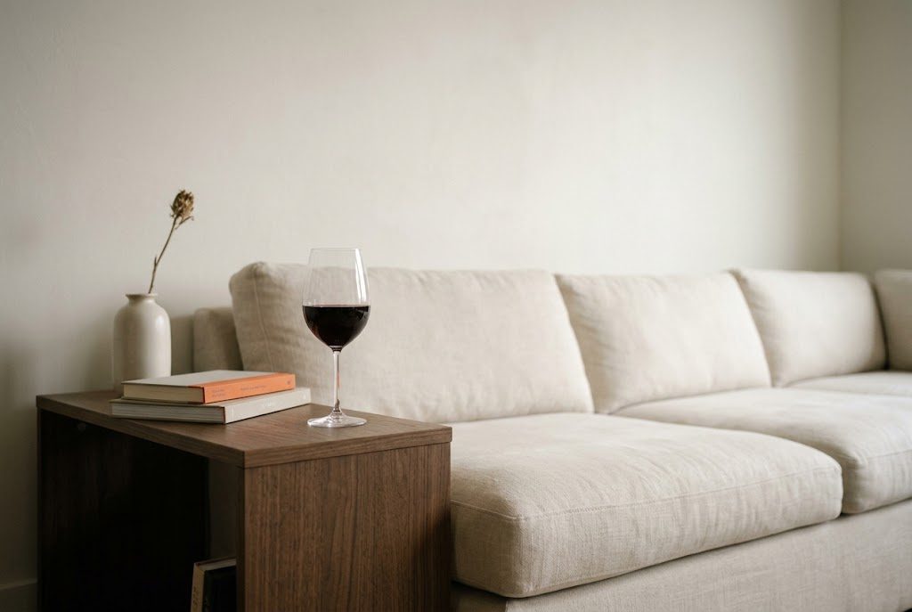 A glass of red wine on a side table beside a pale upholstered sofa