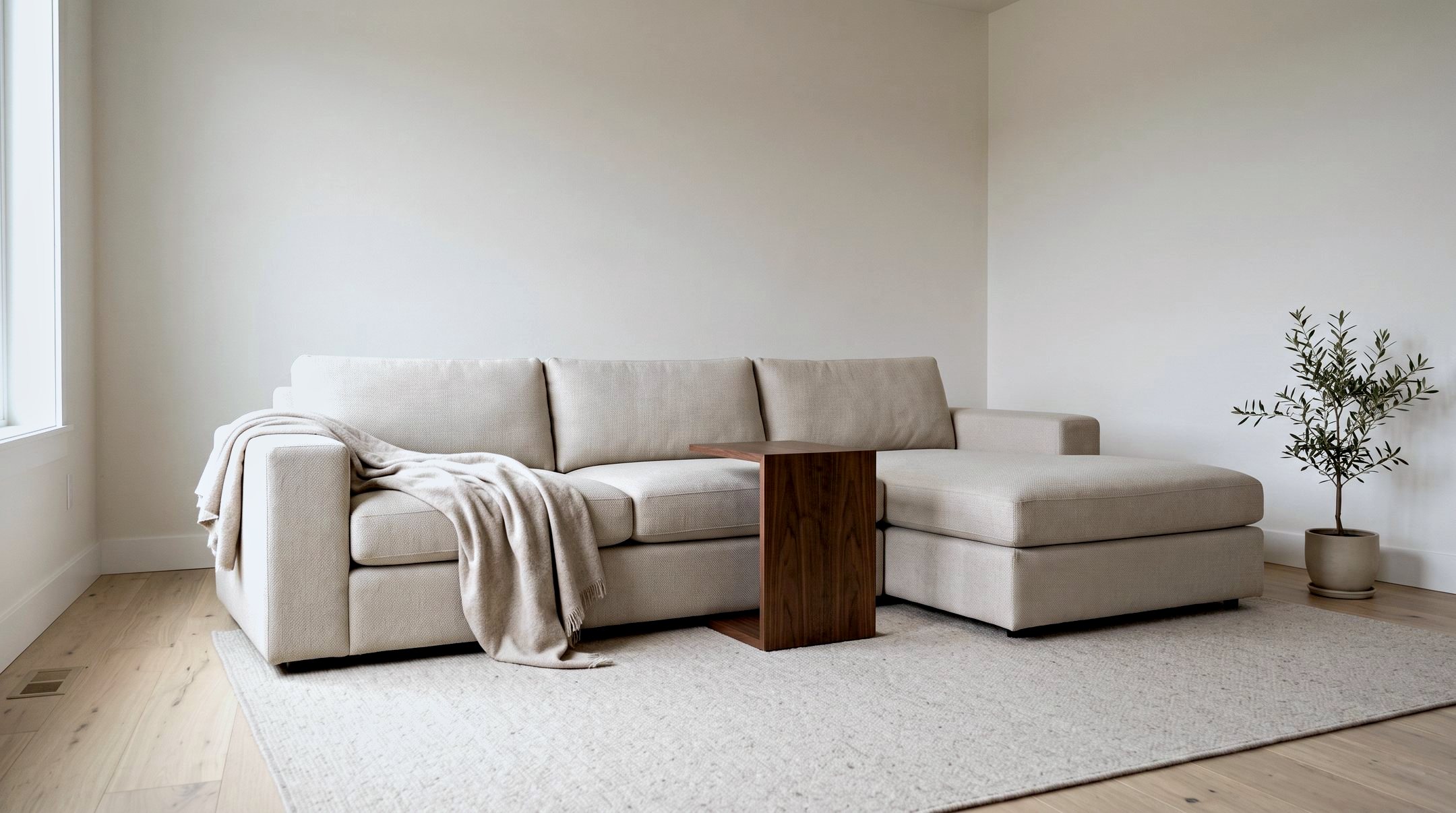 A sectional sofa, throw and olive tree in a calm, bright living room
