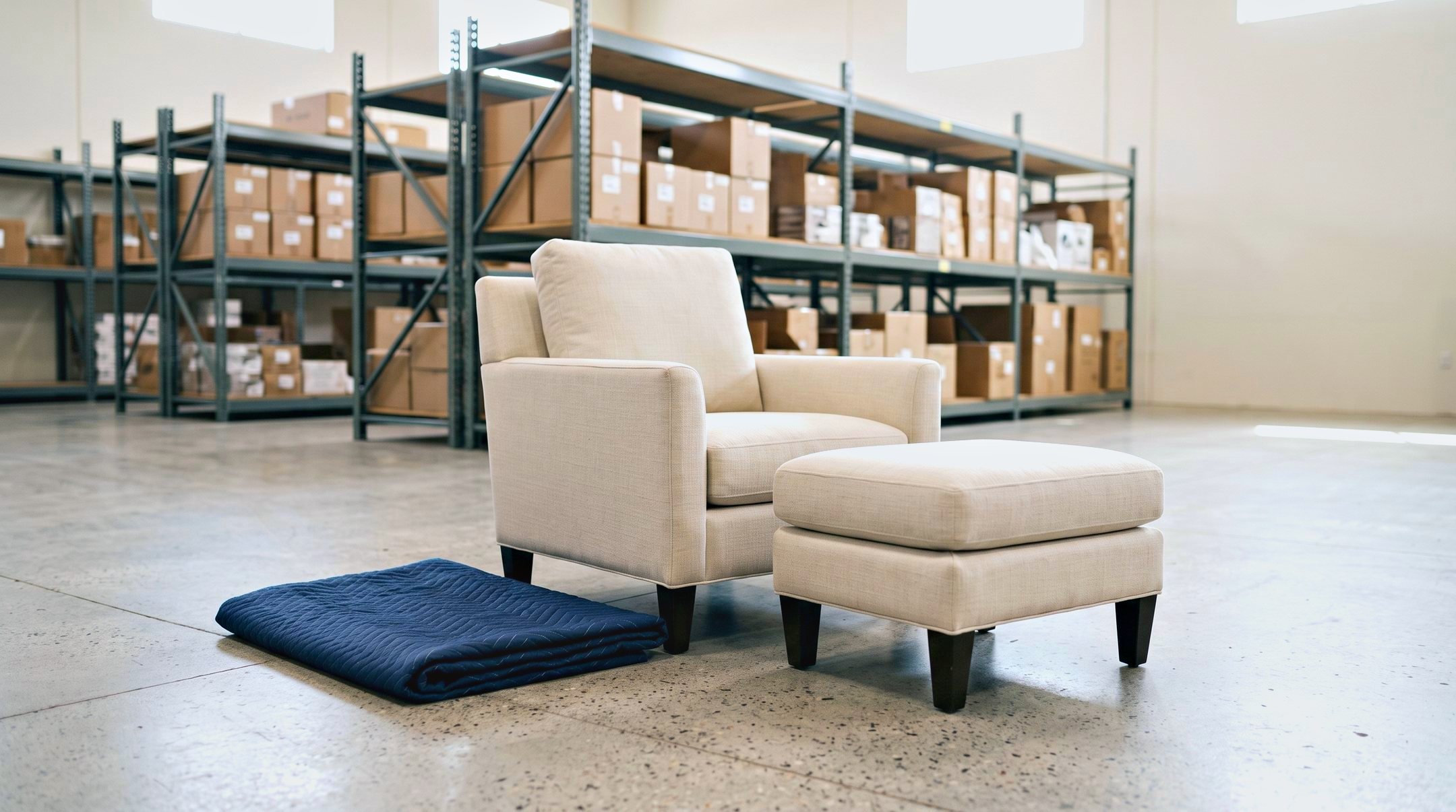 An armchair and ottoman unwrapped for inspection on the warehouse floor, its moving blanket folded beside it