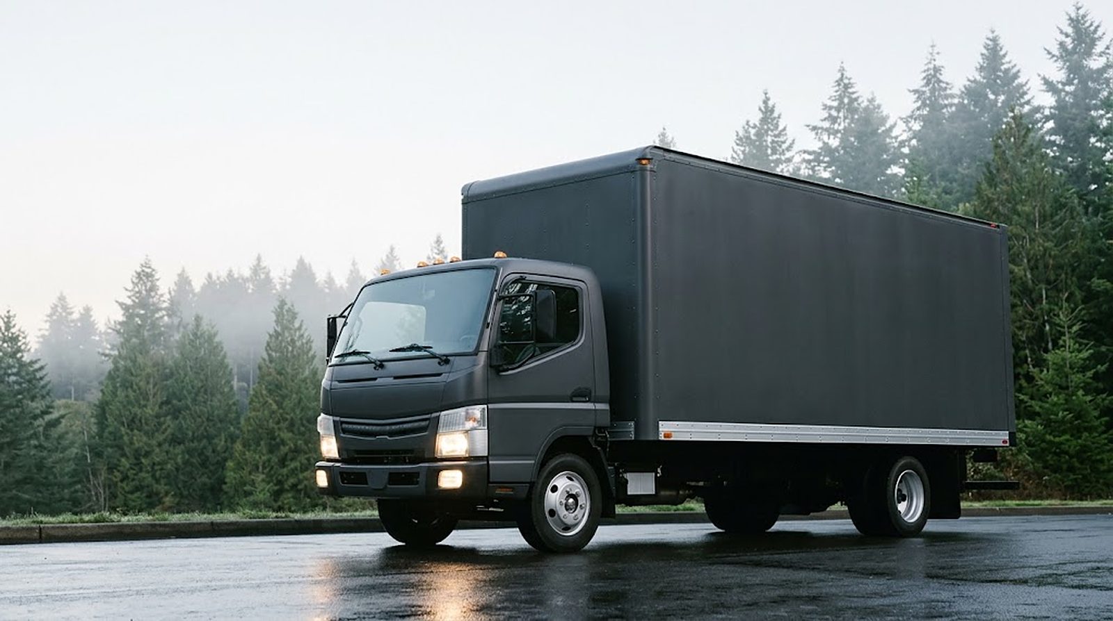 A box truck on a wet road at first light with evergreens behind it