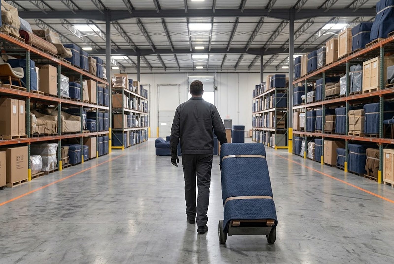 A crew member moving a wrapped piece down the aisle on a hand truck toward the dock