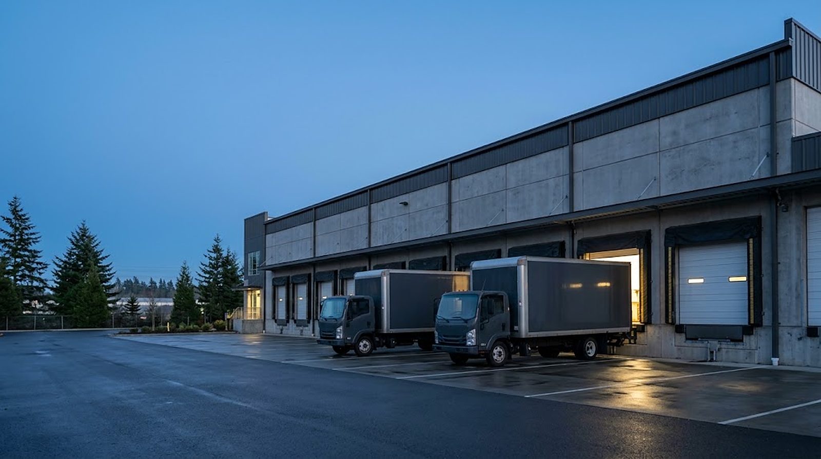The Stride facility at blue hour, trucks backed into the loading bays under dock lights