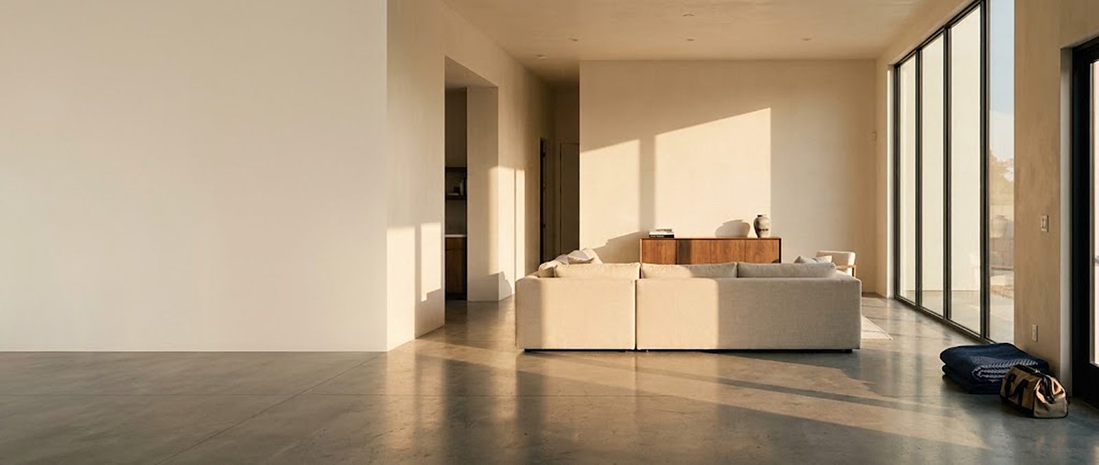 A finished living room in low afternoon light, the sofa placed and the packaging gone