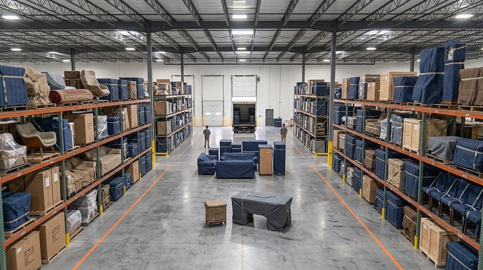 The warehouse floor seen end to end: racked storage, staged goods and the outbound dock in one frame