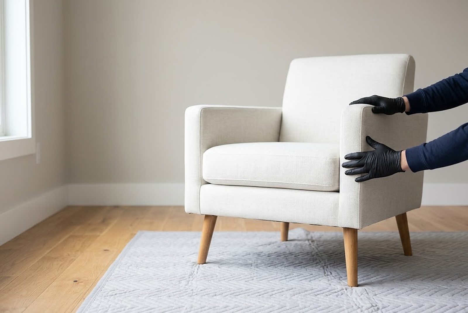 A gloved installer easing an upholstered armchair into its final position on a rug