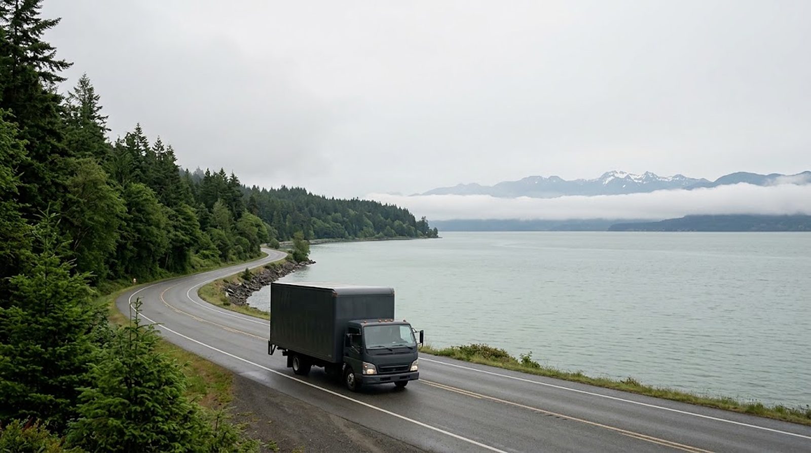 A box truck on a coastal highway above Puget Sound, water and treeline beyond