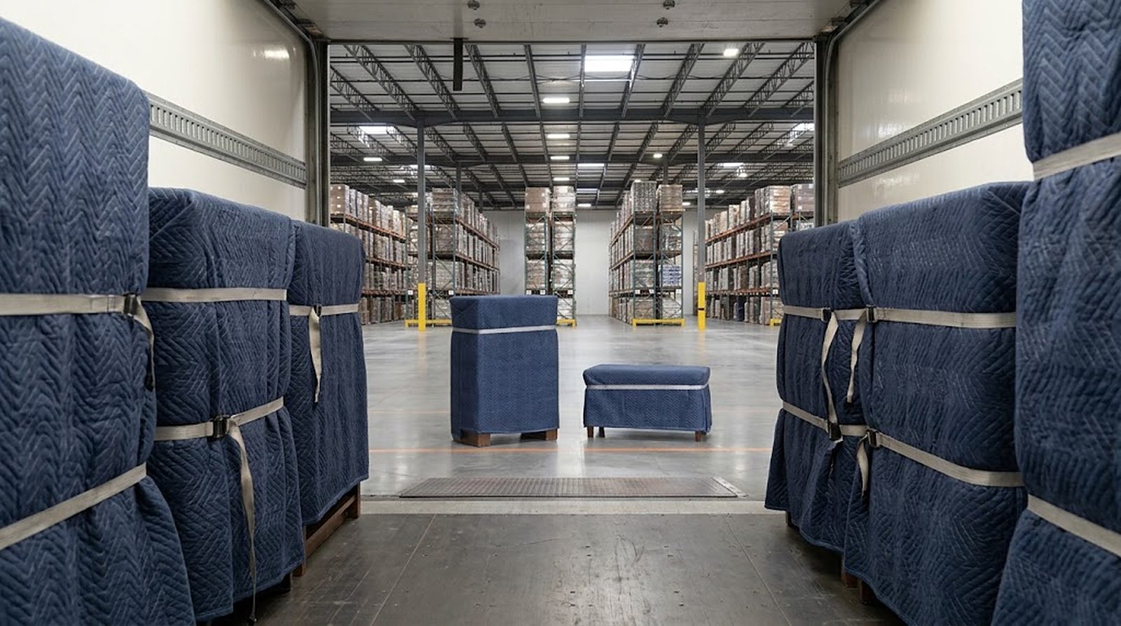 Looking out from inside a loaded truck into the warehouse, blanket-wrapped cargo framing the opening