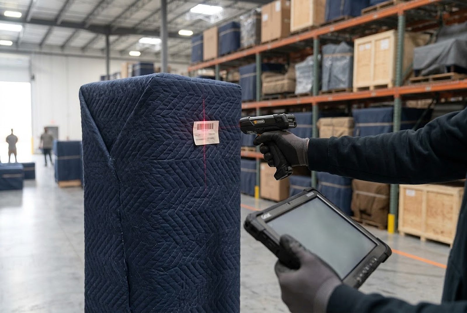 A gloved hand scanning the barcode label on a blanket-wrapped piece with a handheld terminal